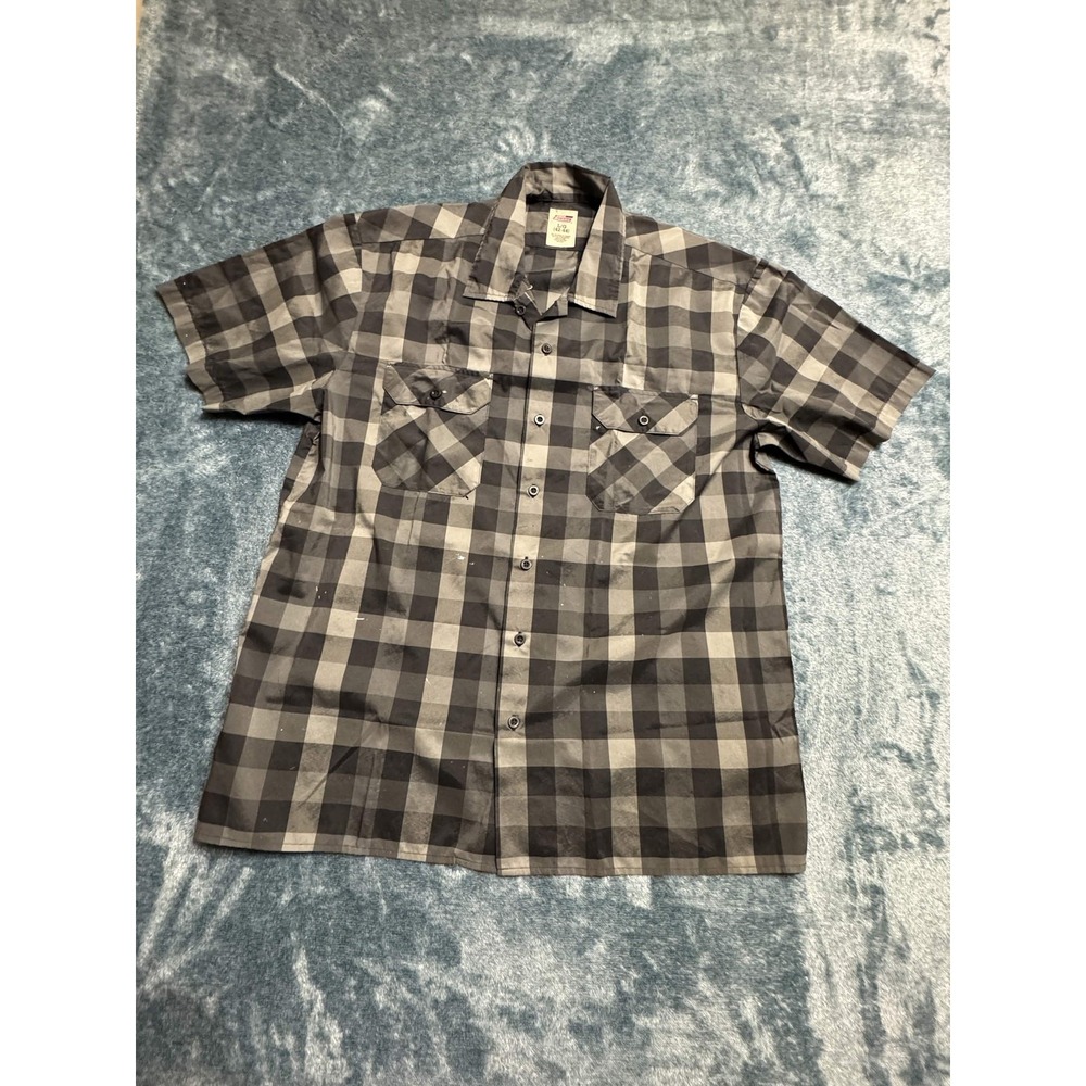 Genuine Dickies Mens Grey Black Buffalo Check Work Shirt Large Short Sleeve